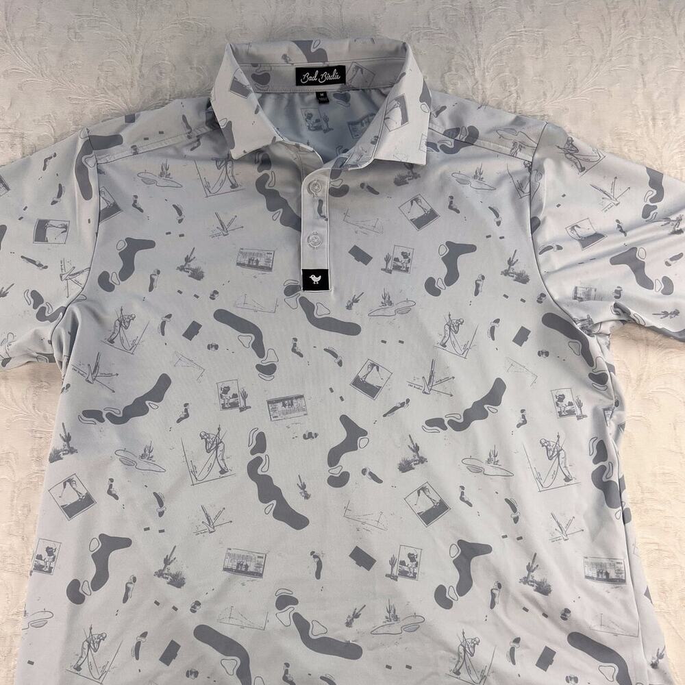 Bad Birdie Soft Grey Desert Cactus Print Golf Polo Stretch M